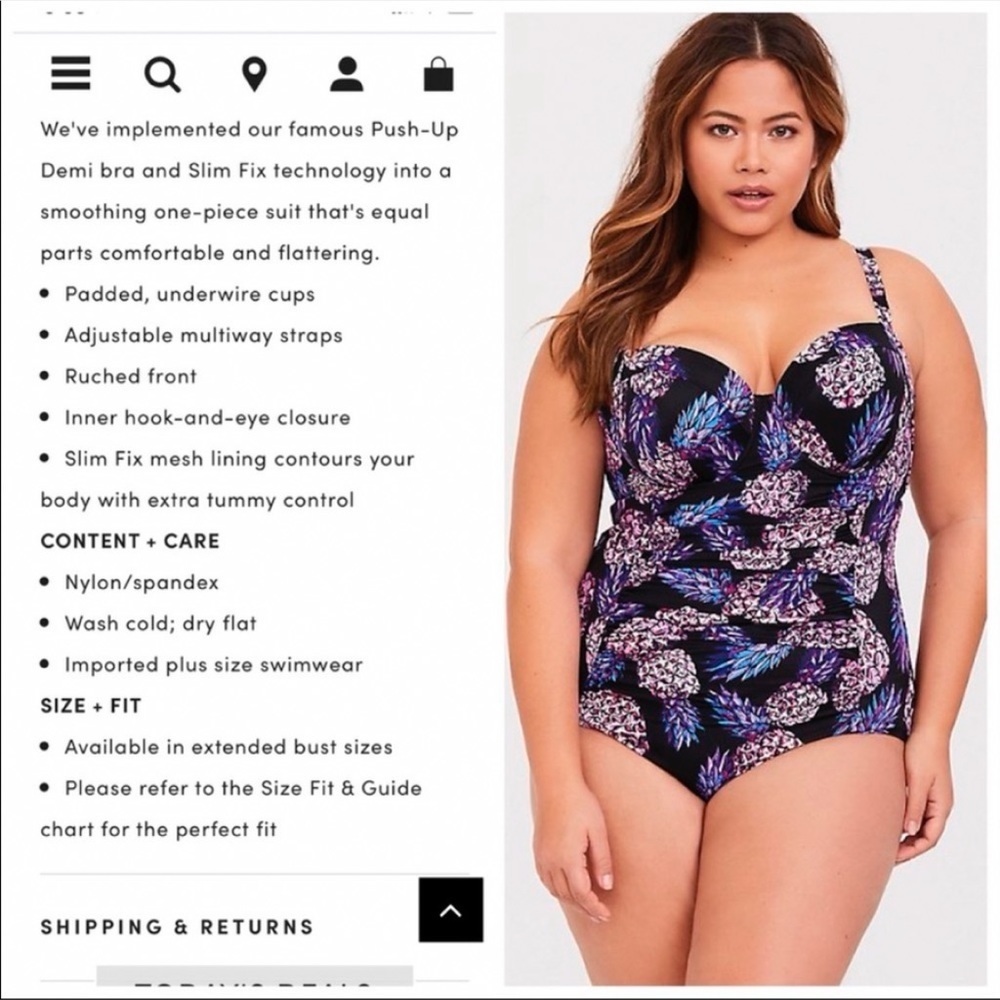 Torrid Pineapple Print Push-Up One Piece, 4x. - image 3